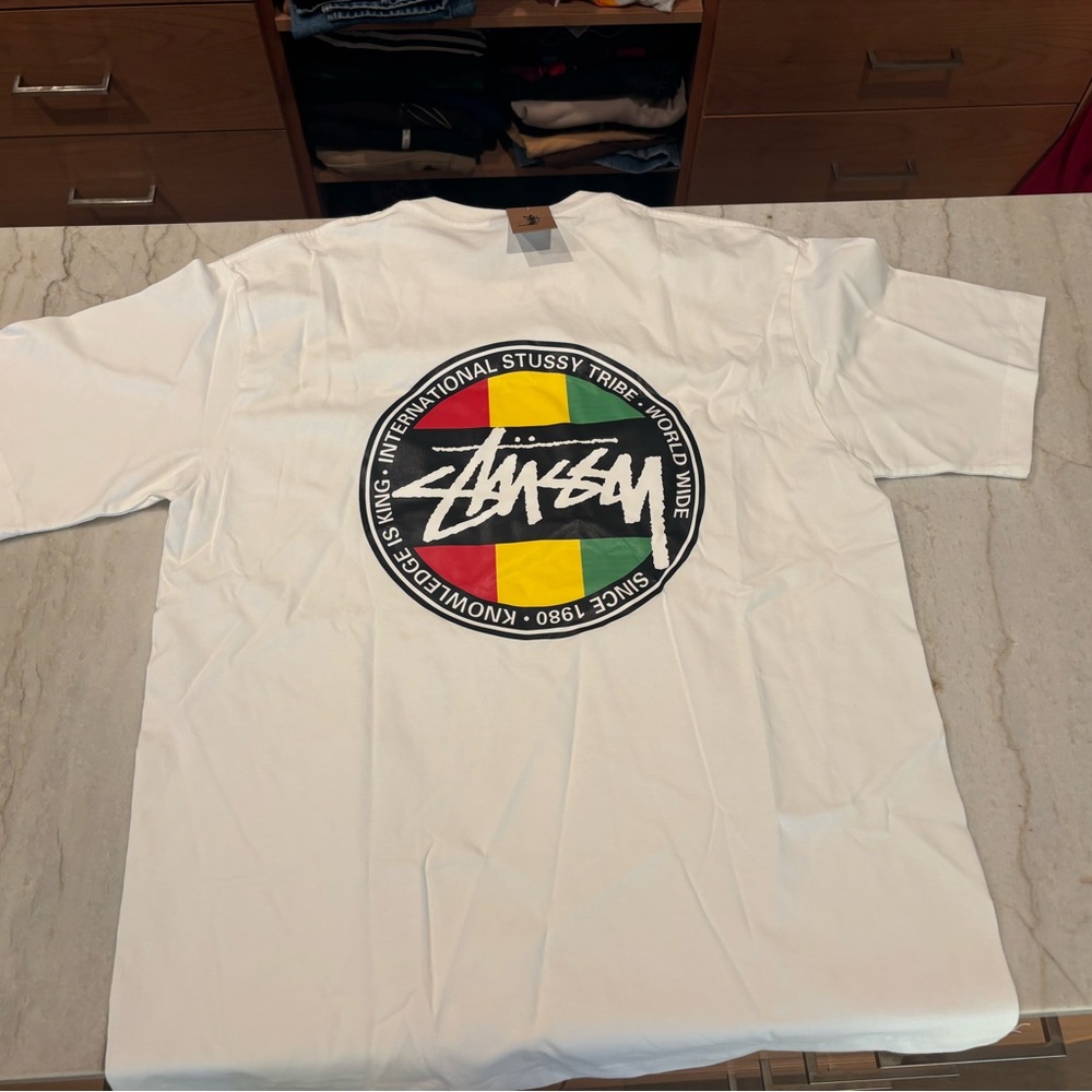 Stussy White Tee with Multicolor Logo